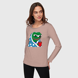 Лонгслив хлопковый женский Frog Pepe мем, цвет: пыльно-розовый — фото 2