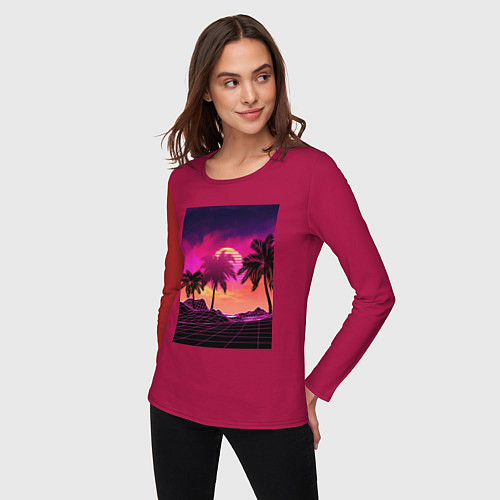 Женский лонгслив Пальмы и пляж в розовом закате / Маджента – фото 3