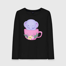 Лонгслив хлопковый женский Милый слонёнок внутри чашки с цветами, цвет: черный