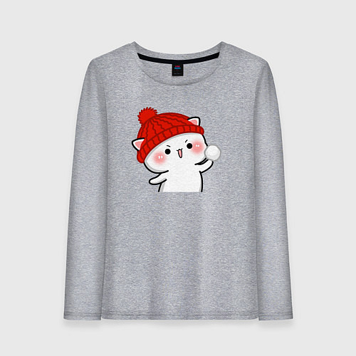 Женский лонгслив Игра в снежки - белый котик / Меланж – фото 1