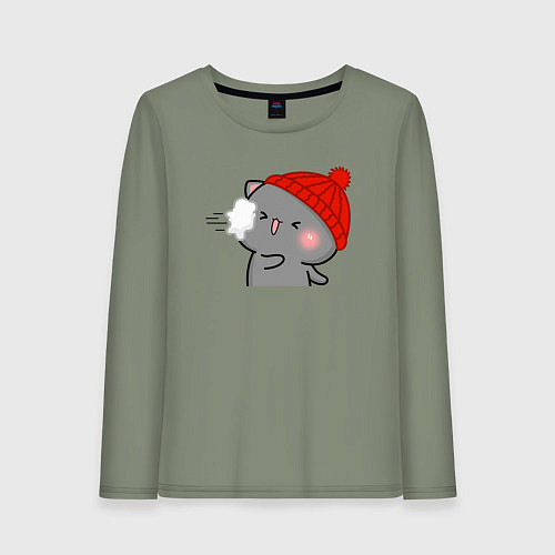 Женский лонгслив Игра в снежки - серый котик / Авокадо – фото 1