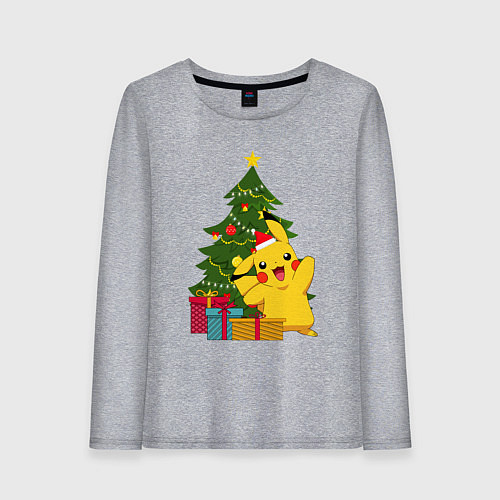 Женский лонгслив Новогодний Пикачу и елка / Меланж – фото 1