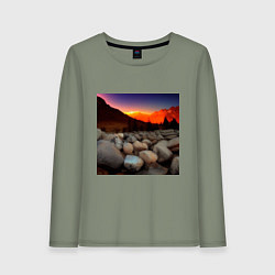 Лонгслив хлопковый женский Горный пейзаж в закате солнца, каменная река, цвет: авокадо
