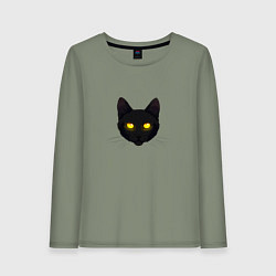 Лонгслив хлопковый женский Черный кот с сияющим взглядом, цвет: авокадо