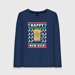 Лонгслив хлопковый женский Новый год с пивом, цвет: тёмно-синий