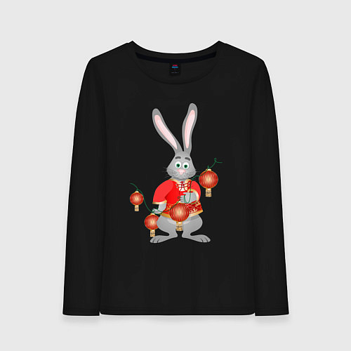 Женский лонгслив Черный водяной кролик в красной рубахе / Черный – фото 1