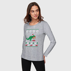 Лонгслив хлопковый женский Новогодний тирекс - ugly sweater, цвет: меланж — фото 2