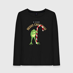 Лонгслив хлопковый женский Merry christmas from a frog, цвет: черный