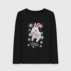 Лонгслив хлопковый женский Серый кролик и снежинки, цвет: черный