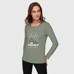 Лонгслив хлопковый женский Новогодние тоторики - ugly sweater, цвет: авокадо — фото 2