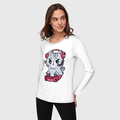 Женский лонгслив Котёнок заядлый игроман / Белый – фото 3