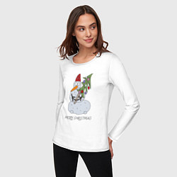 Лонгслив хлопковый женский Снеговик с новогодней ёлкой в Руках, цвет: белый — фото 2
