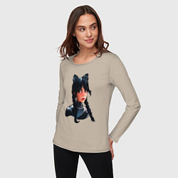Лонгслив хлопковый женский Чёрная кошка Уэнсдэй, цвет: миндальный — фото 2