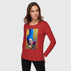 Лонгслив хлопковый женский Мардж Симпсон с кошкой - нейросеть - art, цвет: красный — фото 2