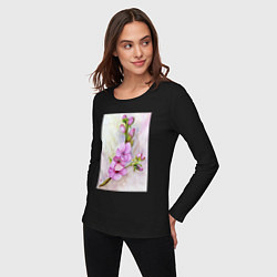 Лонгслив хлопковый женский Цвет сакуры акварелью, цвет: черный — фото 2