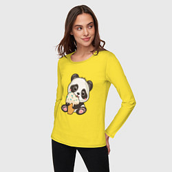 Лонгслив хлопковый женский Милый панда кушает мороженое, цвет: желтый — фото 2