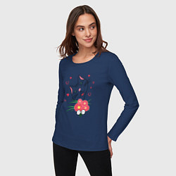 Лонгслив хлопковый женский Праздничный контик с цветами, цвет: тёмно-синий — фото 2