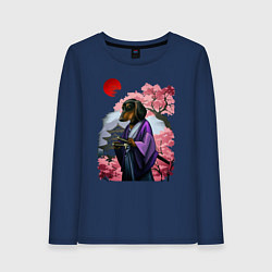 Лонгслив хлопковый женский Такса-Самурай весенняя на фоне сакуры, цвет: тёмно-синий