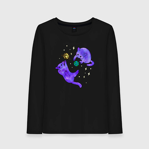 Женский лонгслив Космические коты, играющие планетами / Черный – фото 1