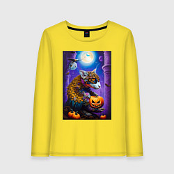 Лонгслив хлопковый женский Чешуйчетый котяра - хэллоуин - ночь, цвет: желтый