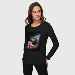 Лонгслив хлопковый женский Мопс-космонавт в цветах, цвет: черный — фото 2