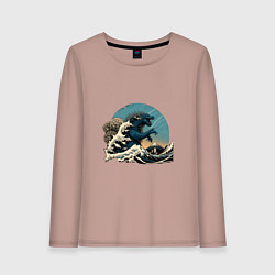 Лонгслив хлопковый женский Годзилла в Большой волне у Канагавы, цвет: пыльно-розовый