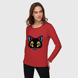 Лонгслив хлопковый женский Яркий абстрактный кот, цвет: красный — фото 2