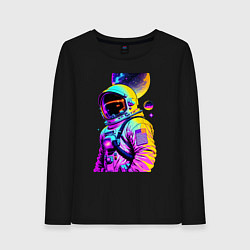 Лонгслив хлопковый женский Космонавт в космосе - нейросеть - свечение, цвет: черный