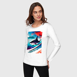 Лонгслив хлопковый женский Shark - watercolor - art, цвет: белый — фото 2