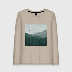 Лонгслив хлопковый женский Туманные холмы и лес, цвет: миндальный
