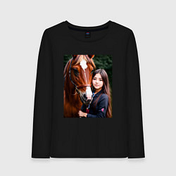 Лонгслив хлопковый женский Девочка с лошадью, цвет: черный
