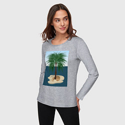 Лонгслив хлопковый женский Кот под пальмой на острове, цвет: меланж — фото 2