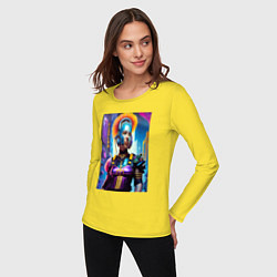 Лонгслив хлопковый женский Девушка в стиле киберпанк - мегаполис, цвет: желтый — фото 2