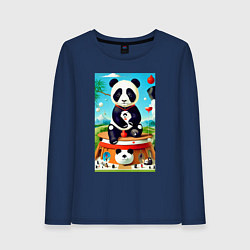 Лонгслив хлопковый женский Панда на постаменте - сюрреализм, цвет: тёмно-синий