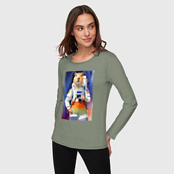 Лонгслив хлопковый женский Капибара - бравый космонавт - нейросеть, цвет: авокадо — фото 2
