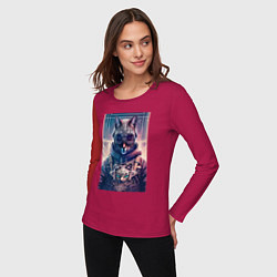 Лонгслив хлопковый женский Кот с котёнком - киберпанк - нейросеть, цвет: маджента — фото 2