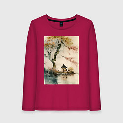 Лонгслив хлопковый женский Японский пейзаж акварель - нейросеть, цвет: маджента