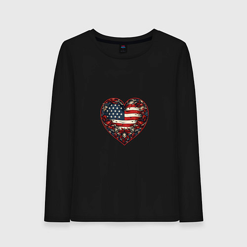 Женский лонгслив Сердце с цветами флаг США / Черный – фото 1