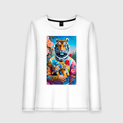 Лонгслив хлопковый женский Тигрица - космонавт с тигрятами - нейросеть, цвет: белый