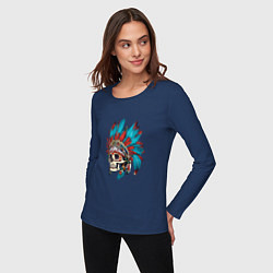 Лонгслив хлопковый женский Череп Индейца с перьями, цвет: тёмно-синий — фото 2