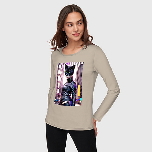 Женский лонгслив Cool black cat - neural network - fashionista / Миндальный – фото 3