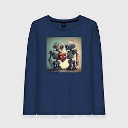 Лонгслив хлопковый женский Два робота с сердцем, цвет: тёмно-синий