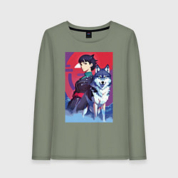 Лонгслив хлопковый женский Девочка со своим другом волком - аниме, цвет: авокадо