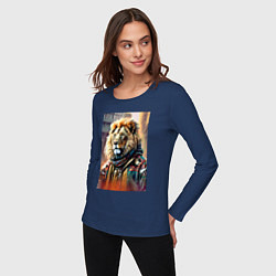 Лонгслив хлопковый женский Лев в драной куртке - хиппи, цвет: тёмно-синий — фото 2
