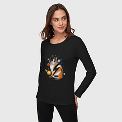 Лонгслив хлопковый женский Космическая кошка с планетами и молнией, цвет: черный — фото 2