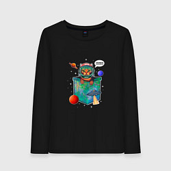Лонгслив хлопковый женский Кот космонавт в кармане, цвет: черный