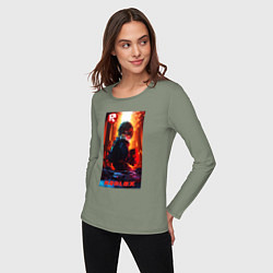 Лонгслив хлопковый женский Roblox fire background, цвет: авокадо — фото 2