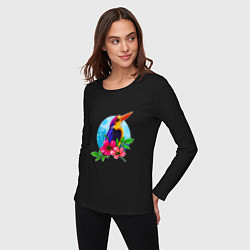 Лонгслив хлопковый женский Тропическая птица в цветах, цвет: черный — фото 2