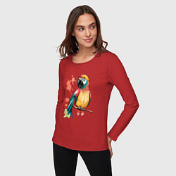 Лонгслив хлопковый женский Попугай в брызгах краски, цвет: красный — фото 2