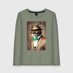 Лонгслив хлопковый женский Портрет кота джентльмена в шляпе, цвет: авокадо